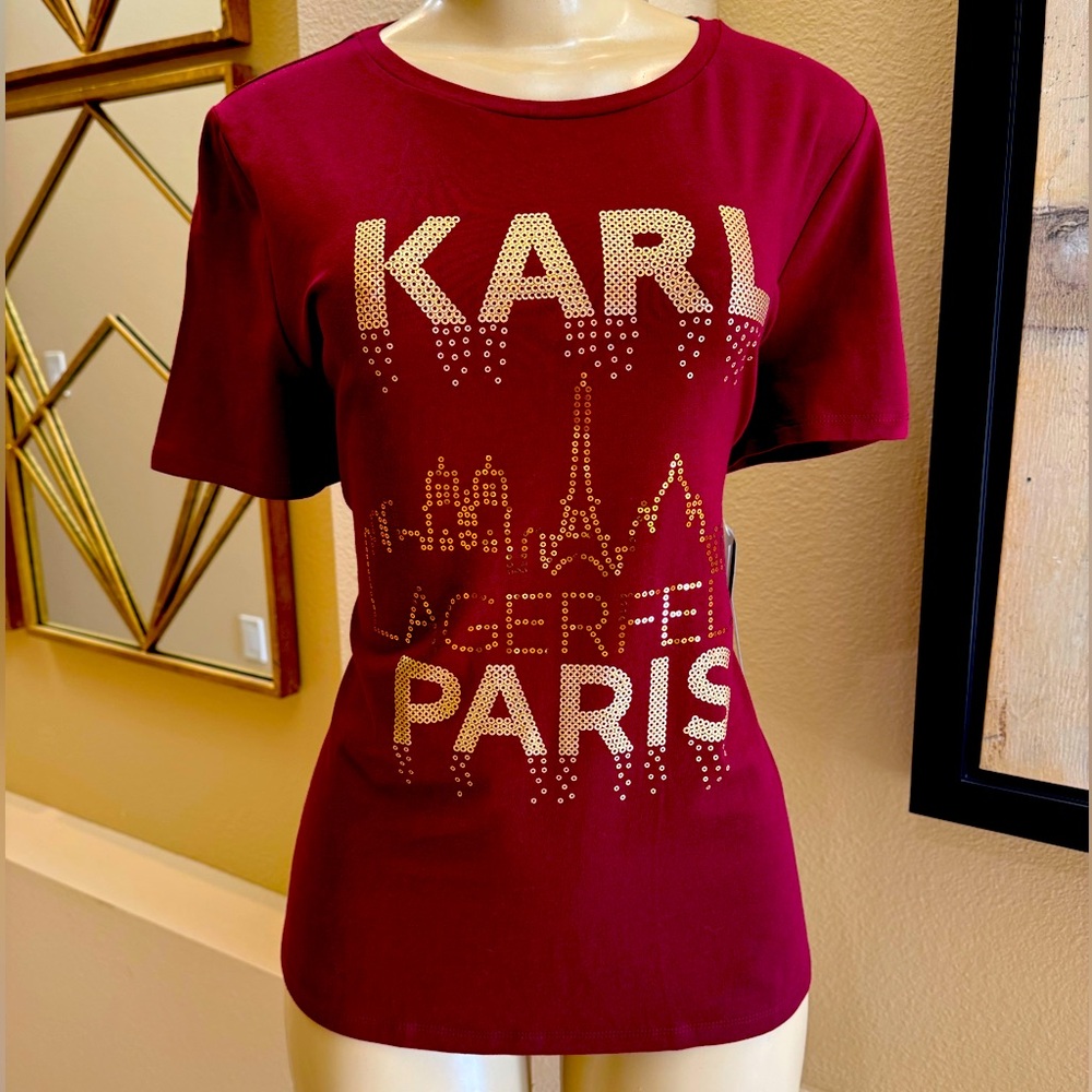 Karl Lagerfeld Maroon Cotton Fitted Short Sleeve Tee. New